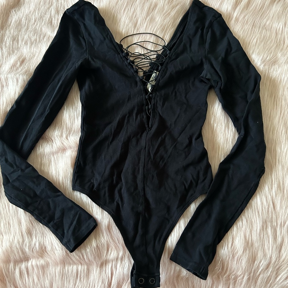 Express 111 Lace Up Front Black Thong Bodysuit